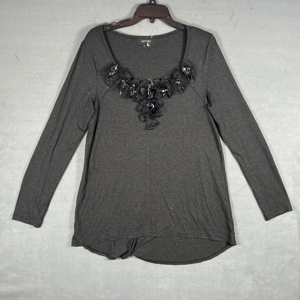 Karen Kane Womens Top L Gray Heathered Rosette Applique Long Sleeve Scoop Neck